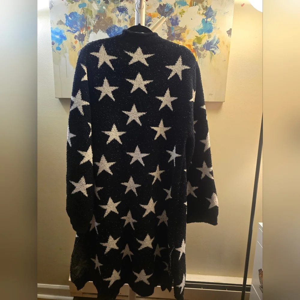 POL Black Star Print Super Soft Duster Cardigan | Oversized Cozy Open Front NWOT